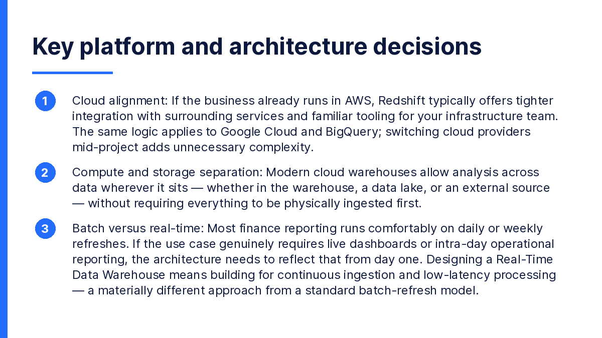 A comparison card covering three decision areas: cloud platform alignment, compute-storage separation, and batch versus real-time refresh models